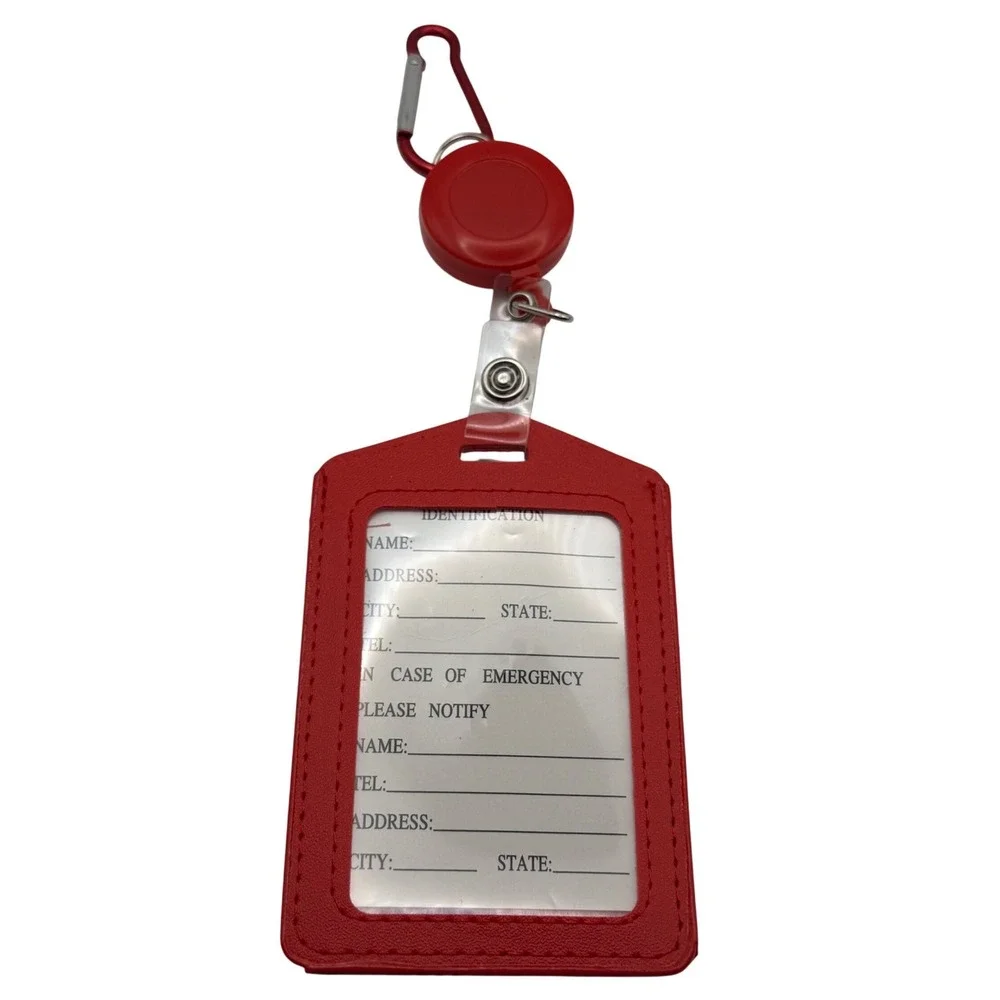 Red Retractable ID Card Holder with Carabiner Clip and Lanyard